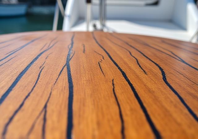 Ponte di una barca in teak, dopo il trattamento pulito e rigenerato